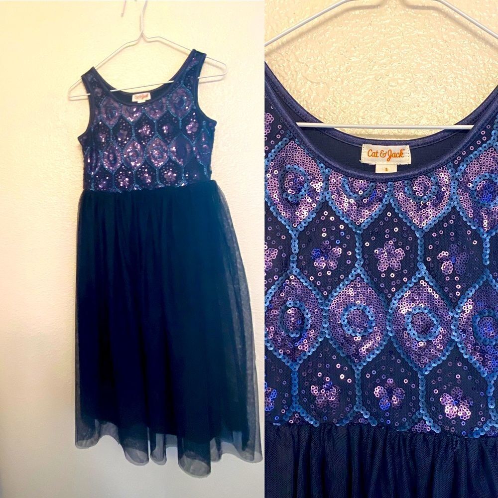 Cat & Jack navy blue sequin formal special occasion long mesh skirt dress S 7-8